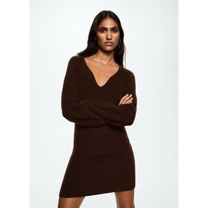 NWT MANGO Jolene Long Puffed Sleeves Knit V- Neck Dress in Brown, Size 6